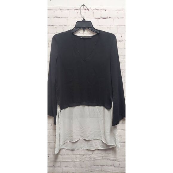 Zara Basic Collection Pullover Blouse Black White Womens Flowy Shirttail S - Picture 1 of 7